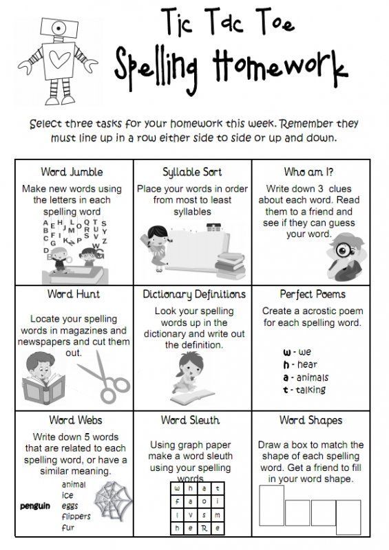 Tic Tac Toe spelling homework is a fun way for students to do spelling at home. In the grid are different spelling activities to