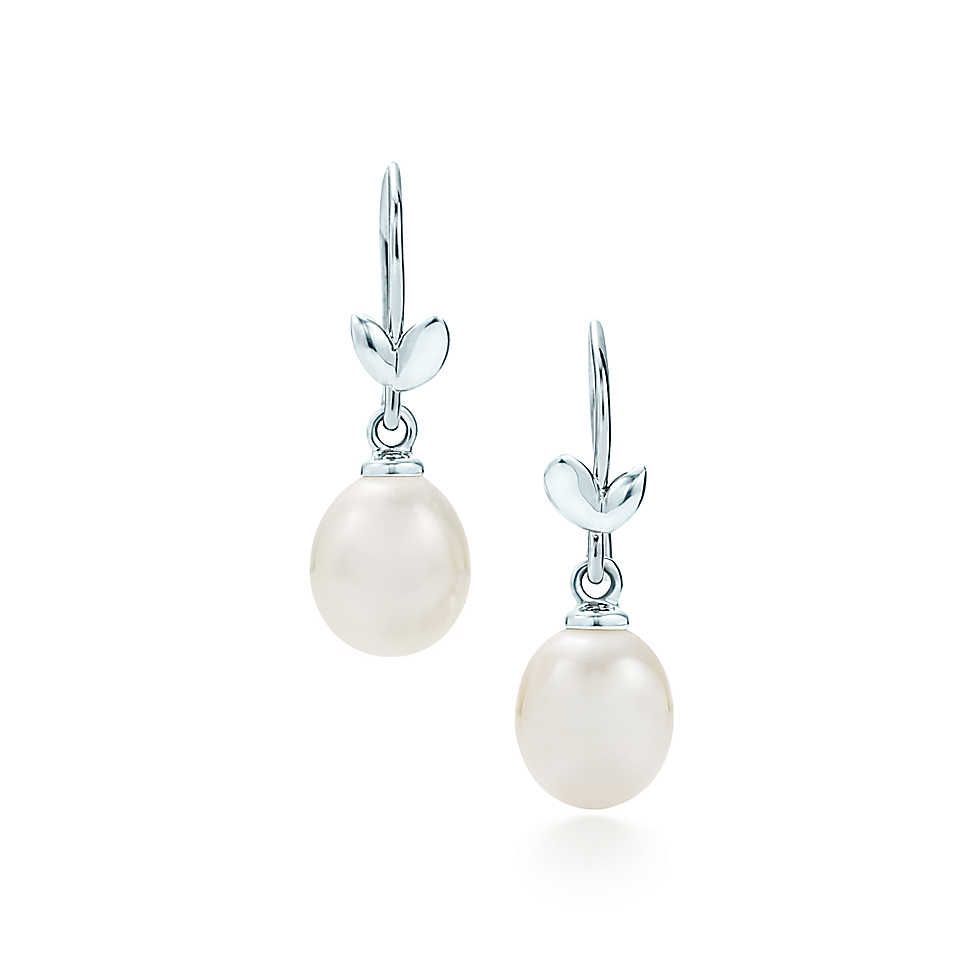 Tiffany  Co. Paloma Picasso® Olive Leaf drop earrings in sterling silver with 8-9mm pearls.