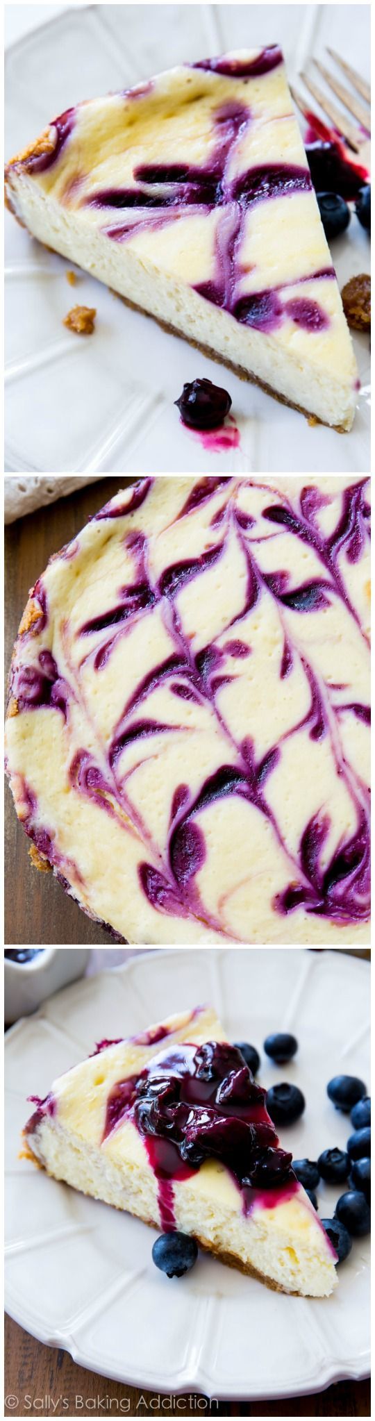 Ultra creamy homemade cheesecake swirled with sweet blueberry sauce. Everyone always begs for seconds!