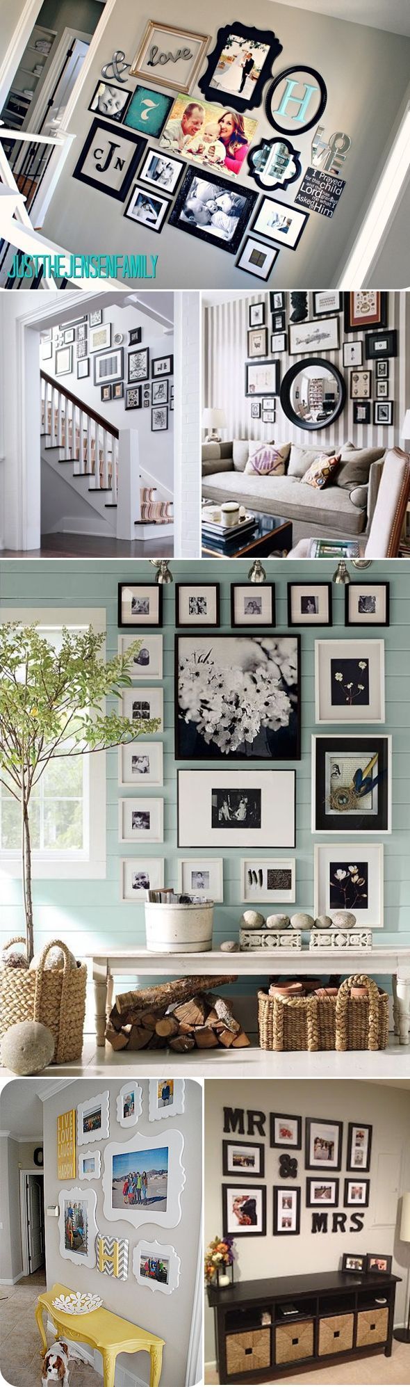 Unique Ways Of Displaying Photographs In Your Home. I like the mirror idea and the stairs setup.