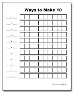 Ways to make 10 coloring sheet- great for recording work with unifix cubes.