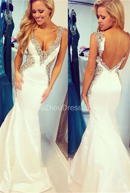 White 2015 Straps Mermaid Sequins Crystal Sweep Train Taffeta Evening Gowns,2015 White Prom Dress Backless Long Mermaid Straps