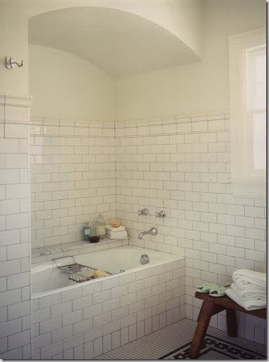 White subway tile on the walls with *po$$ibly* white carrara marble hexagon tile for the floor?  Yes please.  This page has tons