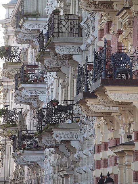 Wonderful elaborate balconies on splendid turn of the century (19th) balconies in Hamburg, Germany