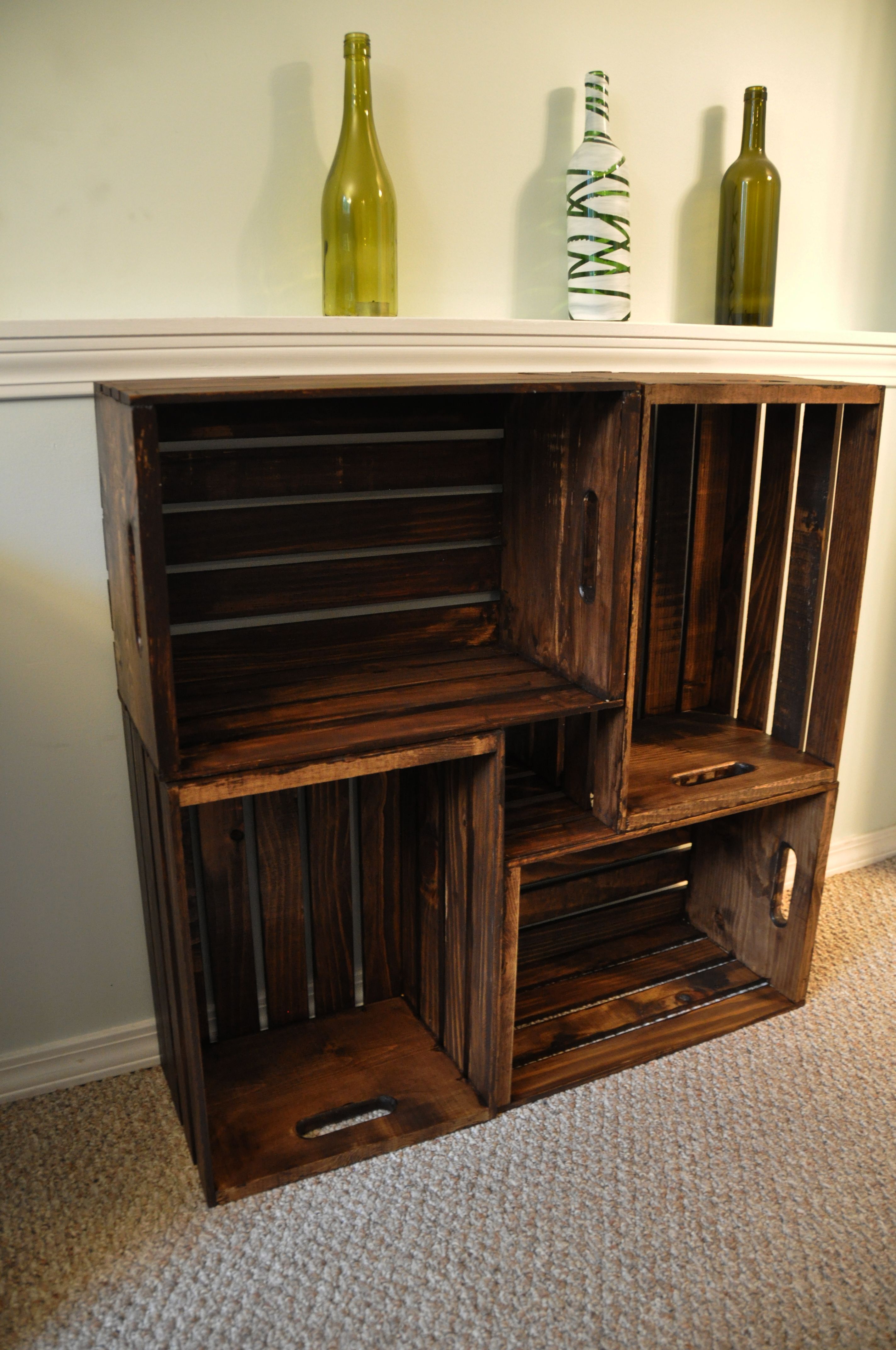 Wooden Crate Bookcase – “build” them double high and use them in the living room for books and knick knacks.