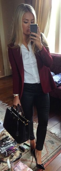 Work Week Chic. burgundy maroon blazer. white button down shirt. black pants and black pointed heels. work bag in black