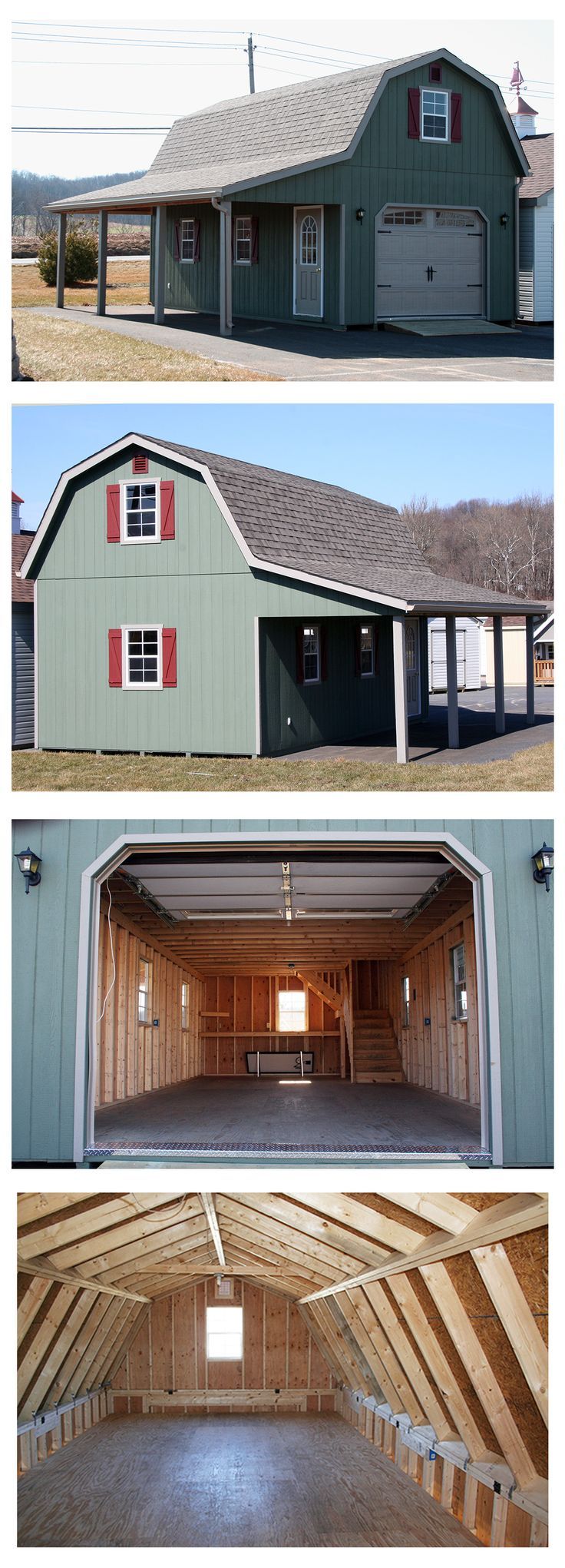 1 Car 1 Story Garage. The gambrel (“barn style”) roof maximizes storage space on the upper level.