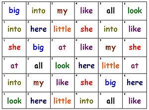4 in a Row:   1. Roll the die.   2. Read a word with the same number as the dice.   3. Place one colored counter on the word when