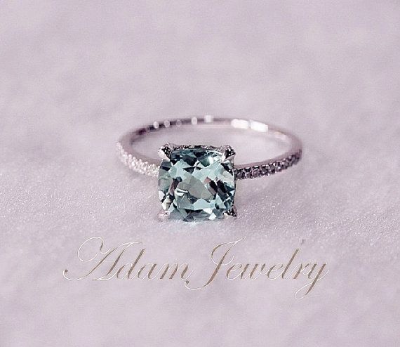 8mm Cushion Cut VS Aquamarine Ring Micro Pave H/SI Diamond Engagement Ring 14K White Gold Wedding Ring/ Promise Ring/ Anniversary