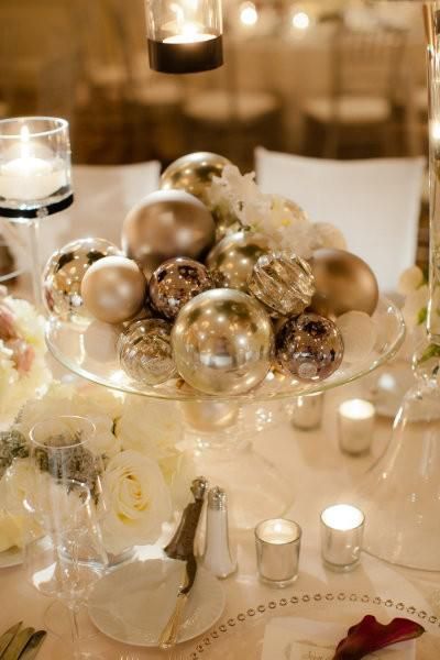 Add shimmer and sparkle to a winter wedding with a centerpiece of ornamental glass balls. Surround with tea lights and your table