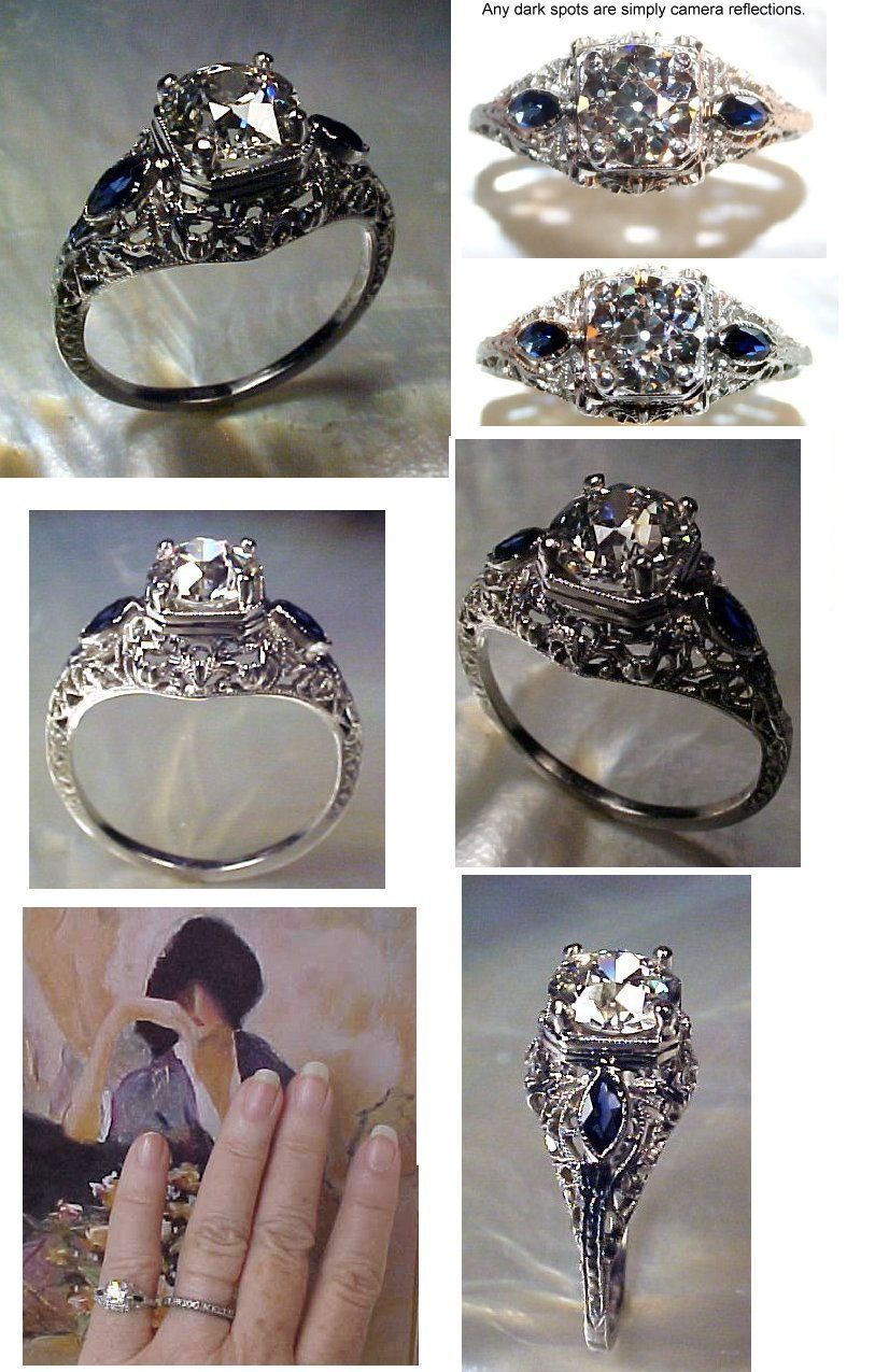 Antique filligree engagement ring with sapphires. The mix of the two are supposed to bring powerful juju