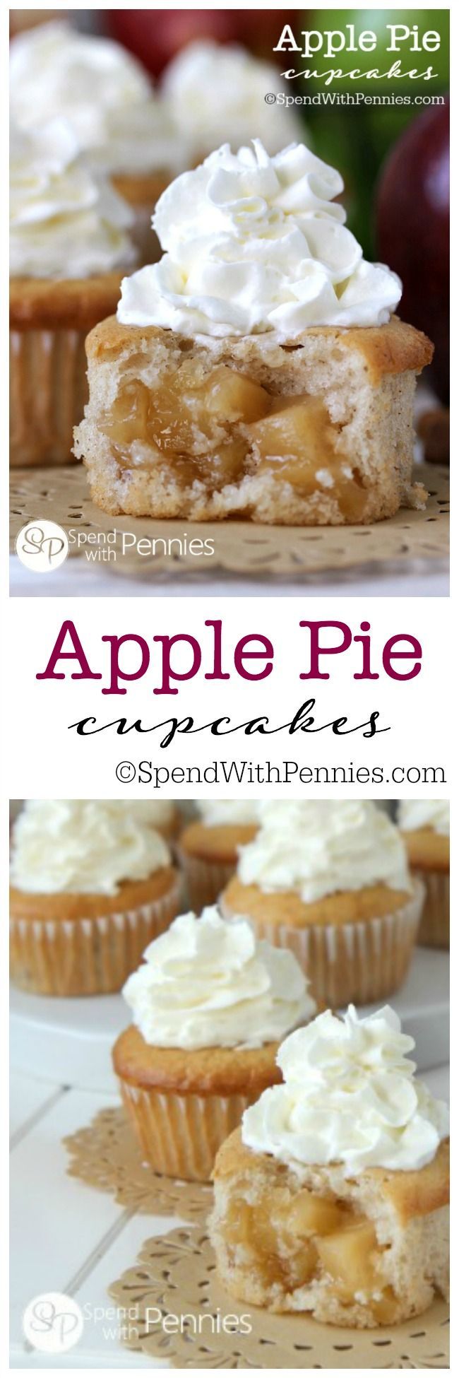 Apple Pie Cupcakes!! Our favorite cupcakes ever! Soft fluffy cinnamon cupcakes with a surprise apple pie filling in the center!