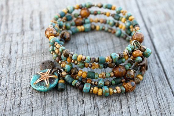 At the Beach Bracelet – Ocean Sea Jewelry Turquoise Sand Starfish Charm Brass Memory Wire