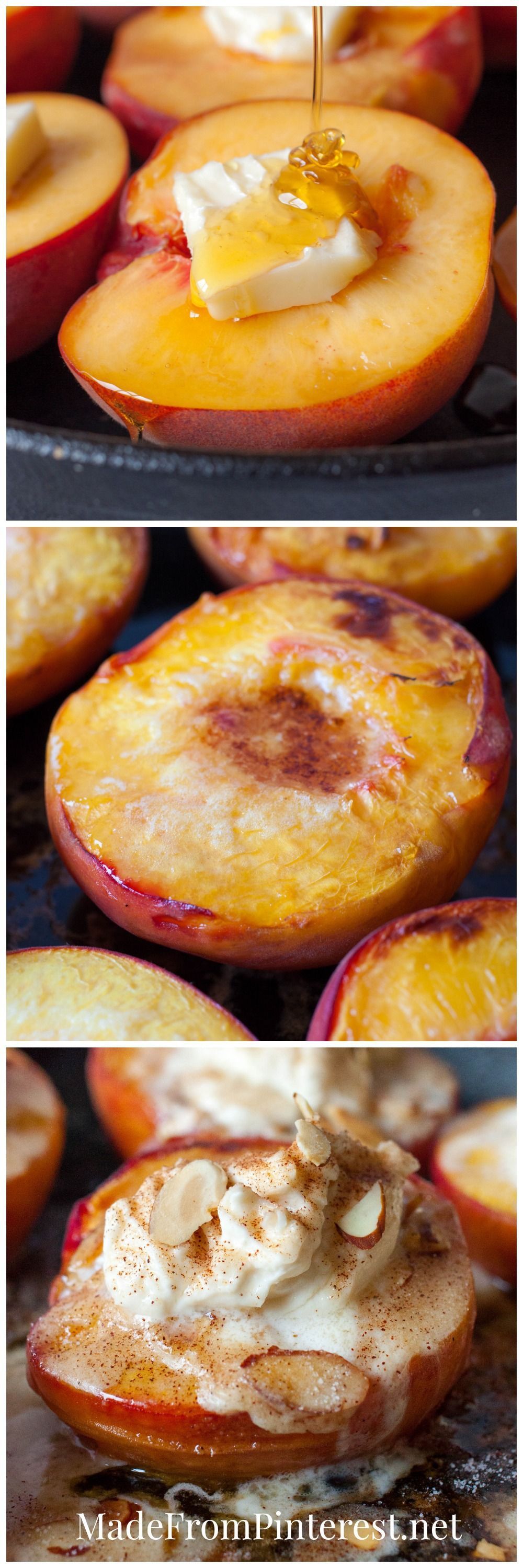 Baked Peaches and Cream – Butter and honey drizzled peaches bake up to perfection and are later topped with cream, cinnamon sugar