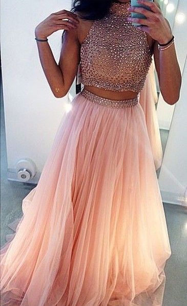 Blush pink Prom Dress,Beading Prom Dress,2 Pieces Prom Dress,High Neck Prom Dress,Tulle Prom Dress