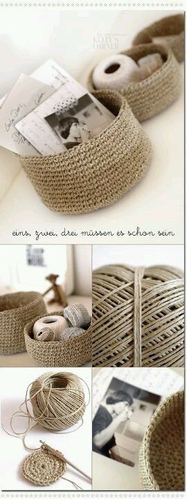 Brian is going to kill me when the whoooole house is covered with crochet projects, but I love this! Crochet baskets using hemp or