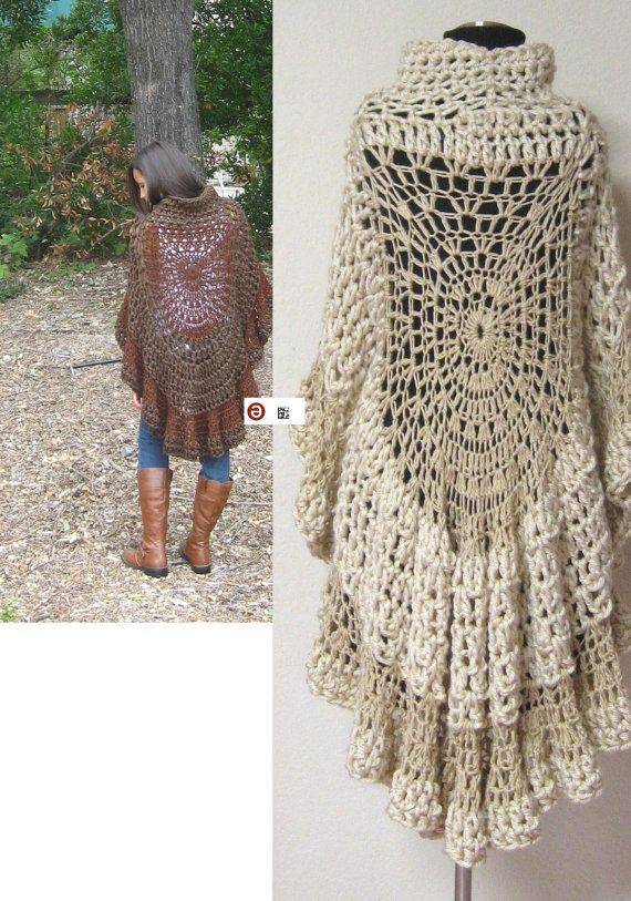 BROWN CAPELET PONCHO Crochet Fashion Original by marianavail, $85.00