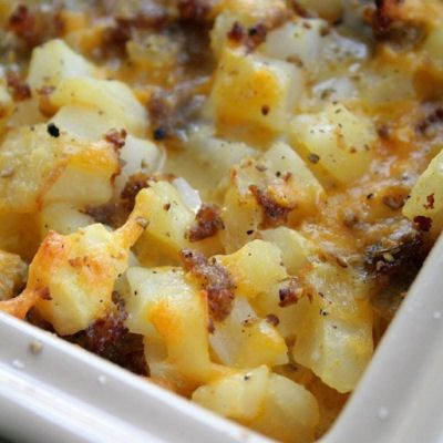 Cheesy Potato Breakfast Casserole Recipe… I might substitute the sausage for bacon or ham :)