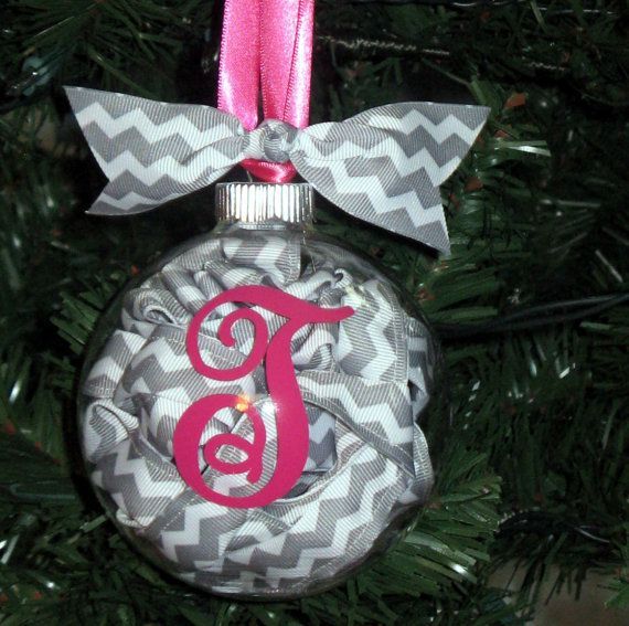 Chevron Christmas Ornaments by daintydesignsshop on Etsy, $11.99  Clear ornament with ribbon coiled inside, and initial on the