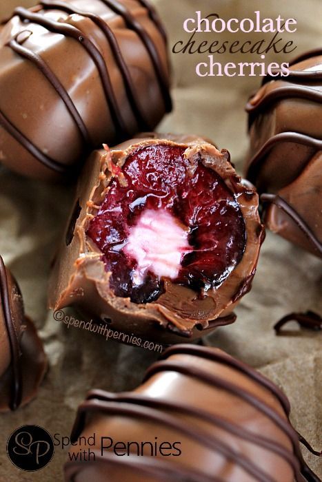 Chocolate Cheesecake Cherries! Juicy ripe fresh cherries with a cheesecake filling dipped in rich milk chocolate! Heaven on earth.