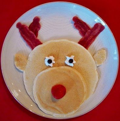 Christmas morning Rudolph pancake breakfast  Bacon antlers!