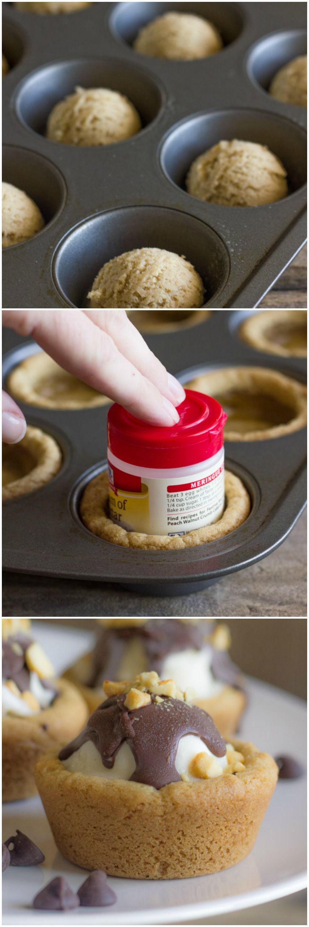 Cute little cookie cups filled with ice cream and topped with homemade magic shell! Great for the holidays!