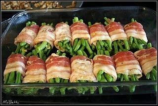 Easter Sunday Dinner: Bacon-Wrapped Green Beans: melt garlic, brown sugar and butter, marinate, bake. Pinner~These are SOOO