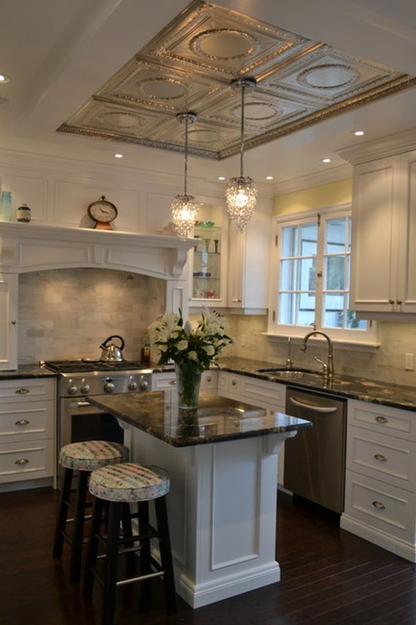 Embossed metal ceiling tiles add sparkle and instantaneous drama, even in small doses. My dream kitchen