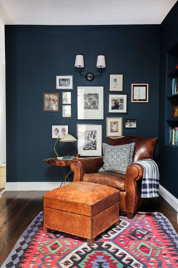Emily Henderson_Hague Blue Reading Nook_Leather Chair_Gallery Wall_Bookshelves5