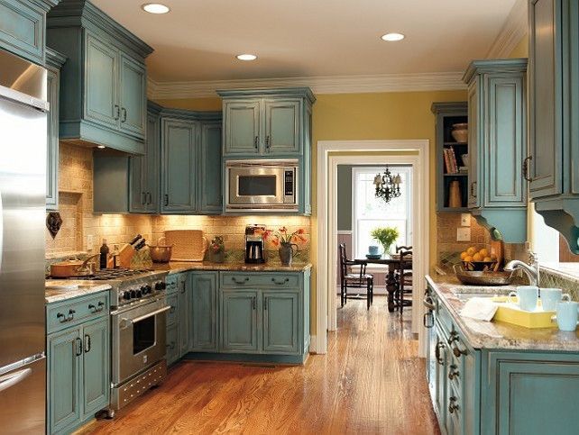 Find a long list of interior design ideas accompanied by inspiration photos — including turquoise kitchen cabinetry