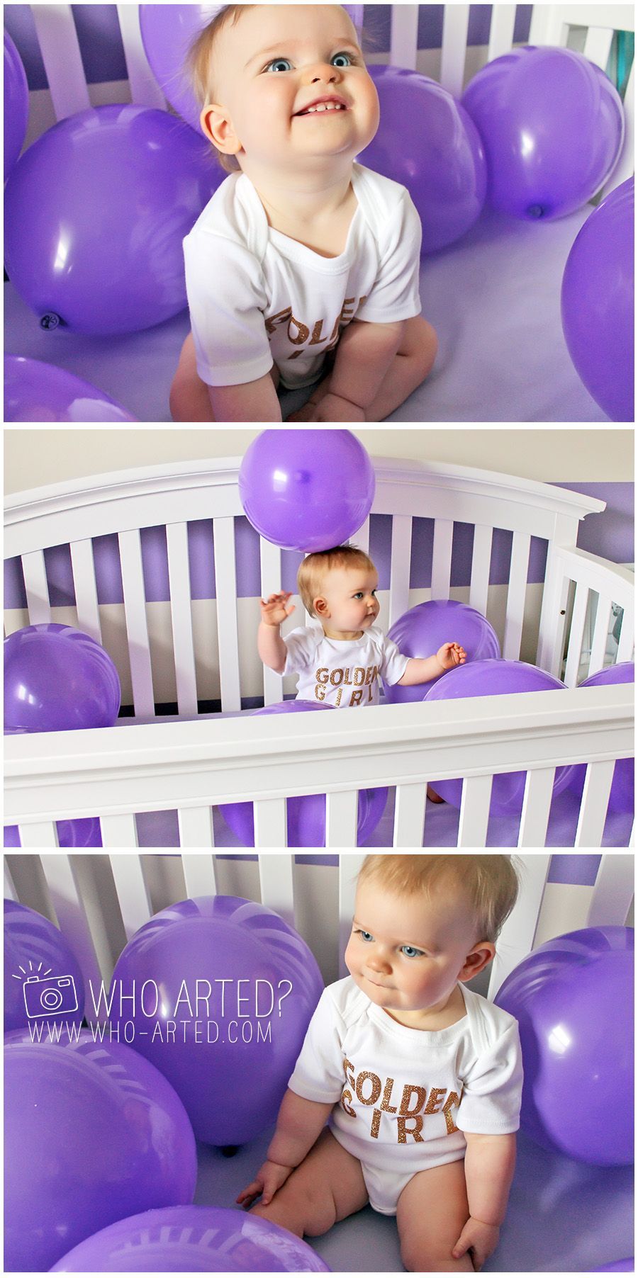 First Birthday Photo Idea. Balloons in the crib on the morning of their birthday. Love it!
