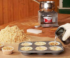 First-rate fire starters- Pack sawdust into paper muffin cups, above, or a cardboard egg carton. Melt paraffin wax or old candles