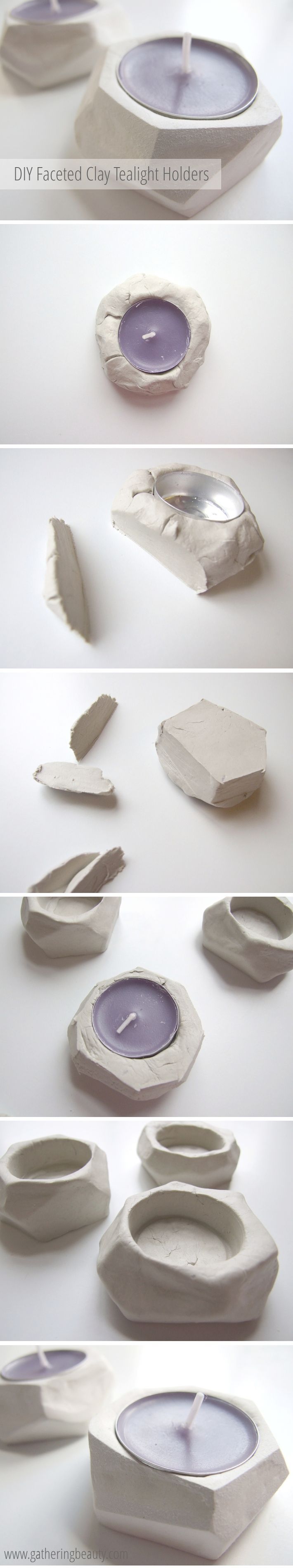 geometric faceted clay tea light holders made from air drying clay.