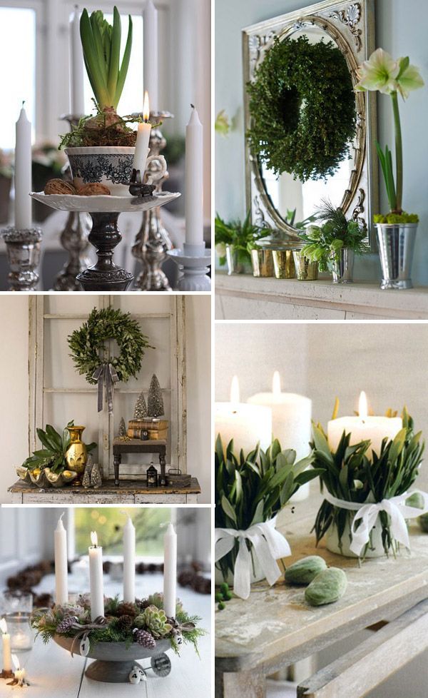 Grey & Silver Christmas decor | … silver decorations. Fresh leaves wrapped round pillar candles Advent