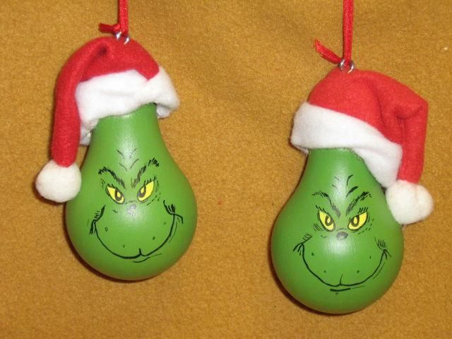 Grinch Lightbulb.  paint light bulb grinch green, then draw out face w/pencil lightly paint yellow eyes, then use fine tip