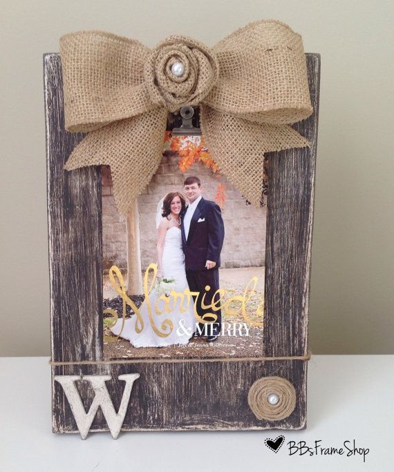 Handmade distressed wooden picture frame with burlap bow, initials and rosettes on Etsy, $30.00