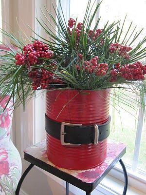 Holiday Tin~ spray paint a can and decorate with a belt like Santa – great to use as a centerpiece or a container for holiday