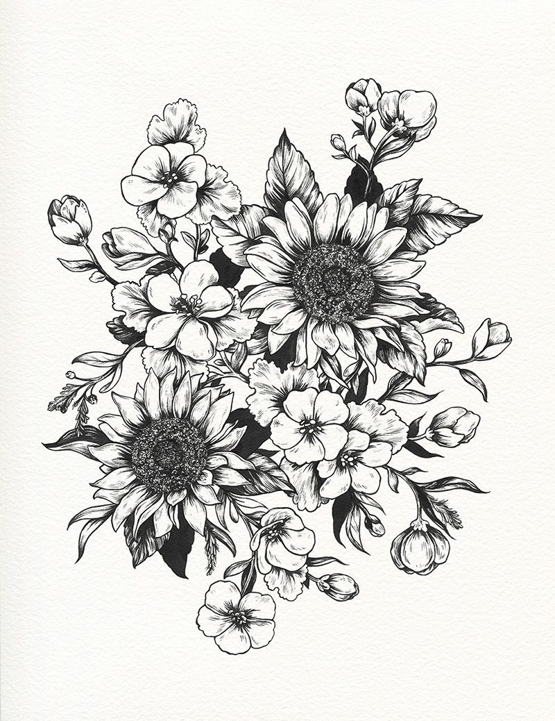 In progress – sunflowers and geraniums for Sofia (technicolorlover) This image is a design for a tattoo. Please respect my client