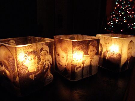 Interesting idea. Modge podge photos onto candle holders Amanda Cromwell