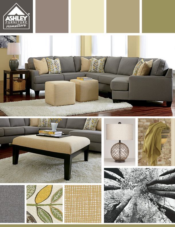 Love the grays with the greens/light yellows – And the sectional has a cuddler!