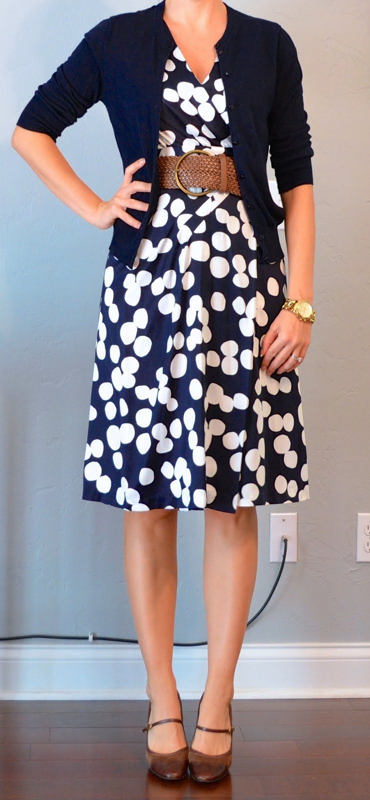 navy & white polka-dot dress, navy cardigan, wide woven belt  Will someone find all this for me and buy it? I LOOOOVE This!