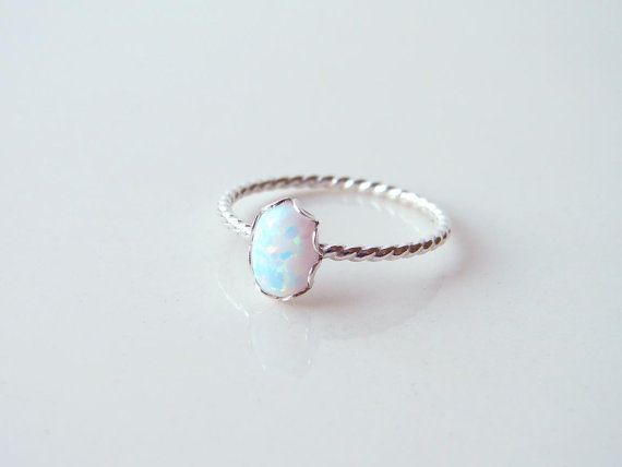 October Birthday Small Oval Opal Ring. Sterling Silver Twisted Ring. Bridesnaid Gift. Simple Modern Jewelry by PetitBlue