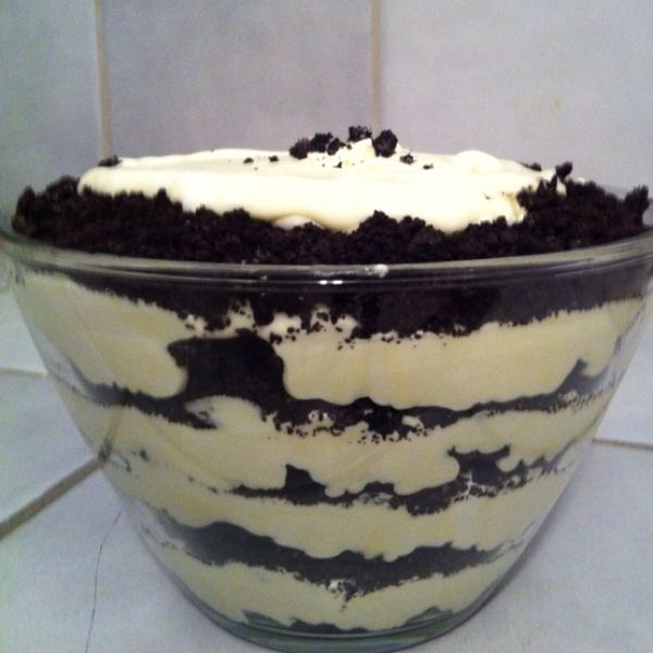 Oreo Bowl of Goodness: 1 bag Oreos, crushed 8oz cream cheese, softened 1/4 cup butter 1 cup powdered sugar 3 cups milk 2 sm boxes