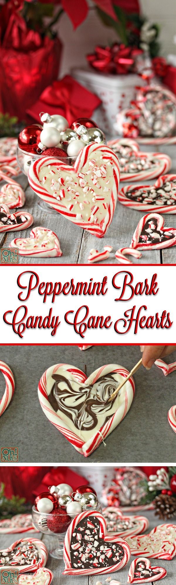 Peppermint Bark Candy Cane Hearts – such an easy and cute Christmas gift! | From OhNuts.com/blog