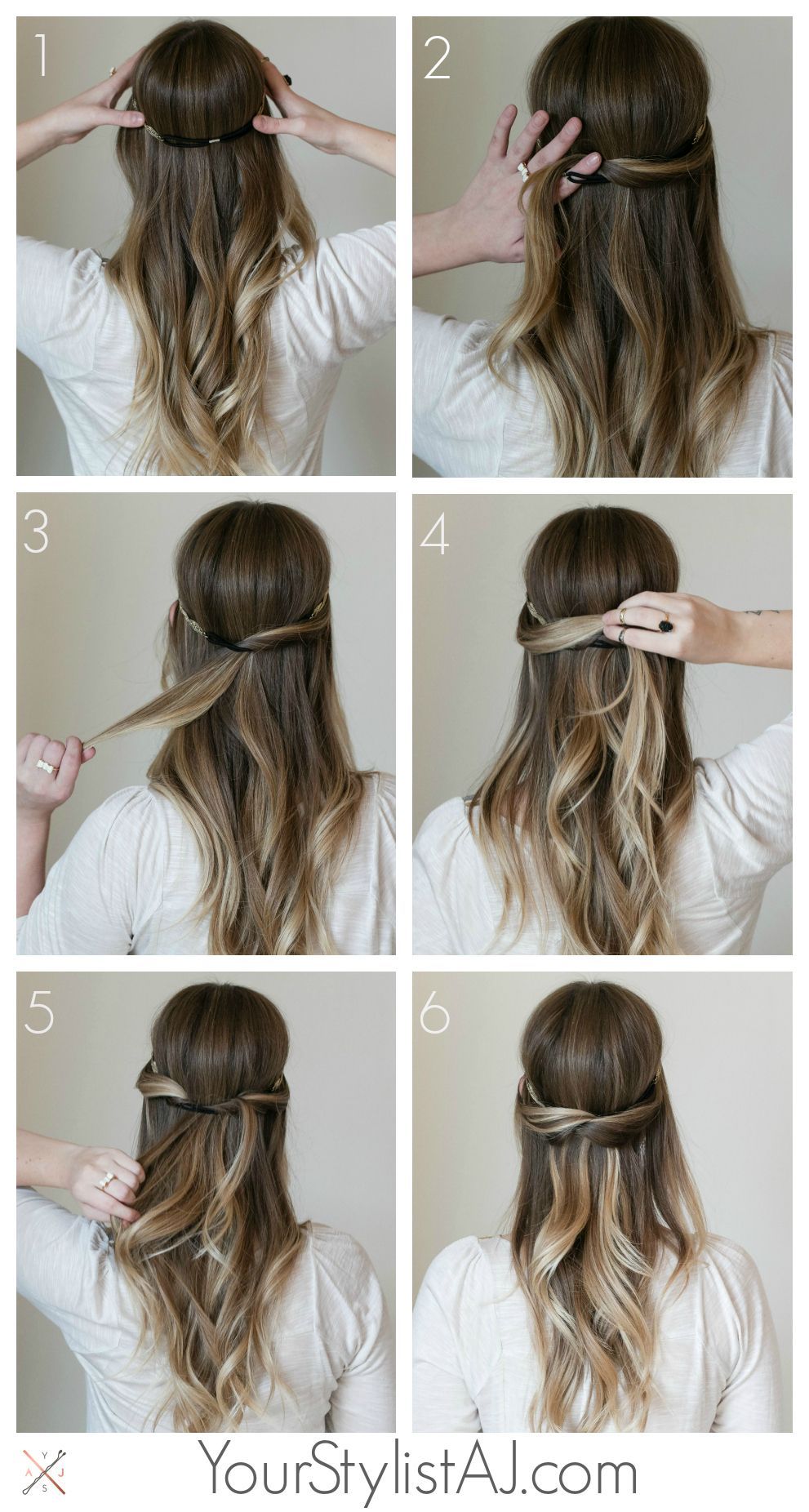 Quick and easy way to use a hair band to create a half up do which might actually stay in place../