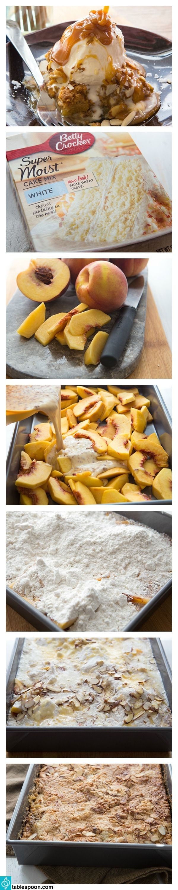 Quick and simple, this delicious peach cake is the perfect way to enjoy fresh spring peaches. Just dump in the ingredients, bake