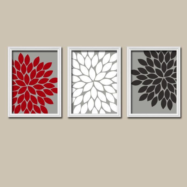 Red White Black Grey Charcoal Flower Burst Gerbera Daisies Artwork Set of 3 Trio Prints Wall Decor Abstract Art Picture Silhouette