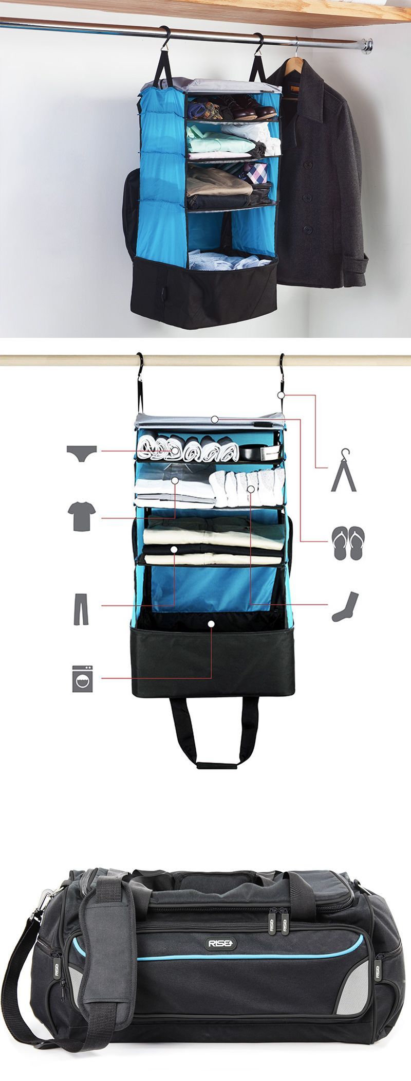 Rise Gear makes bags and suitcases that are like a portable closet.