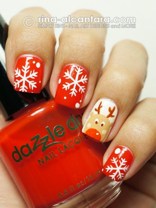 Rudolph Plays With Snowflakes Nail Art Design (c) Simply Rins