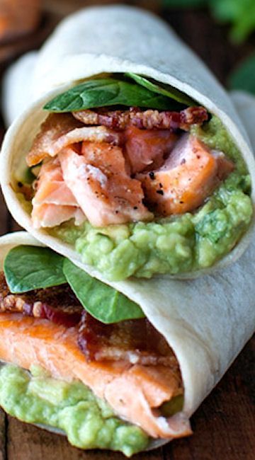 Salmon, Guacamole, and Bacon Wraps // wrap in lettuce/greens for low carb option